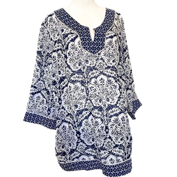 Studio by Liz Claiborne Petite XL Navy Geometric Pint 3/4 sleeve tunic - Picture 1 of 7
